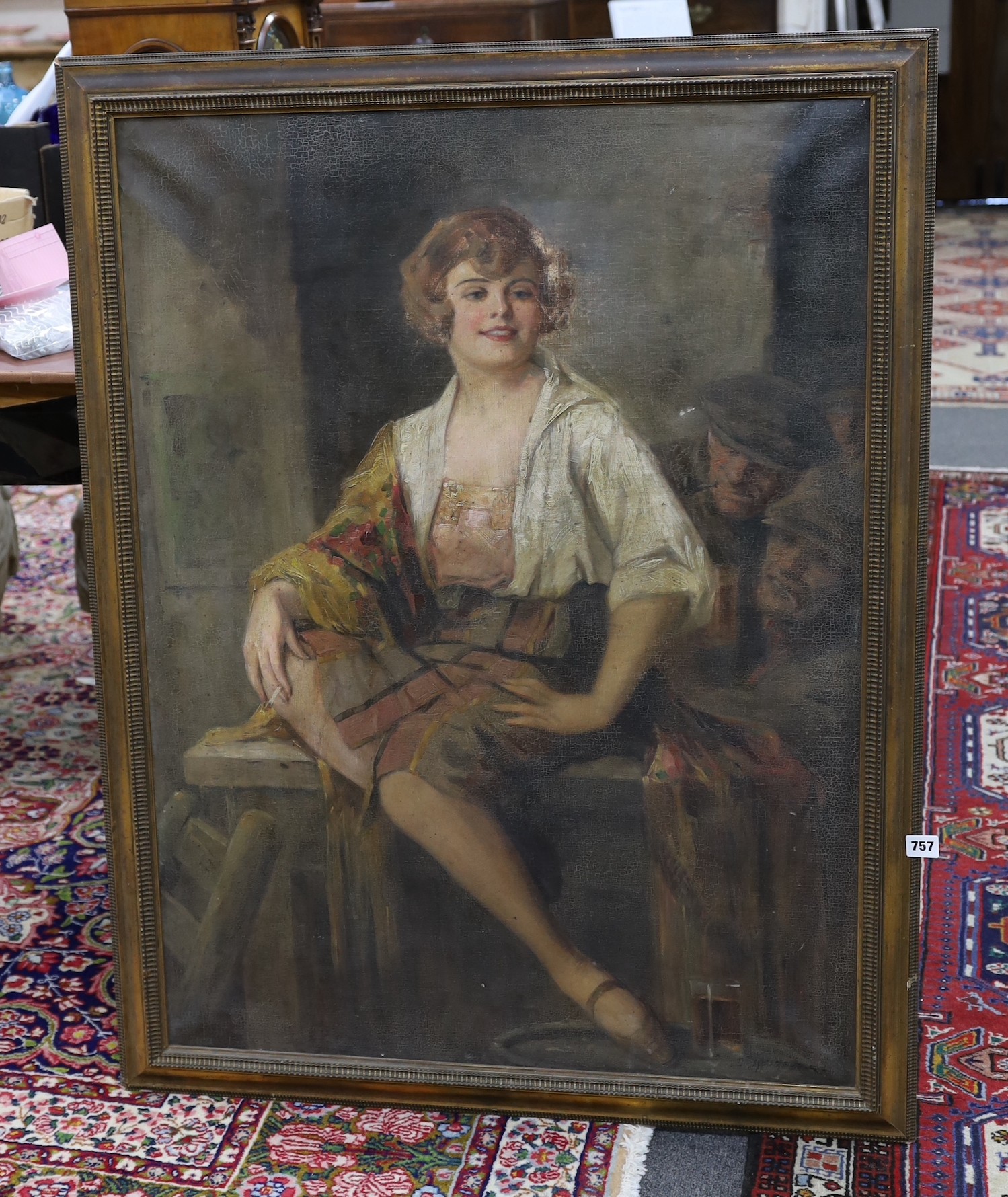 Richard Gieger (Austrian 1870-1945), oil on canvas, Seated beauty smoking a cigarette with onlooking admirers, indistinctly signed, 98 x 72cm